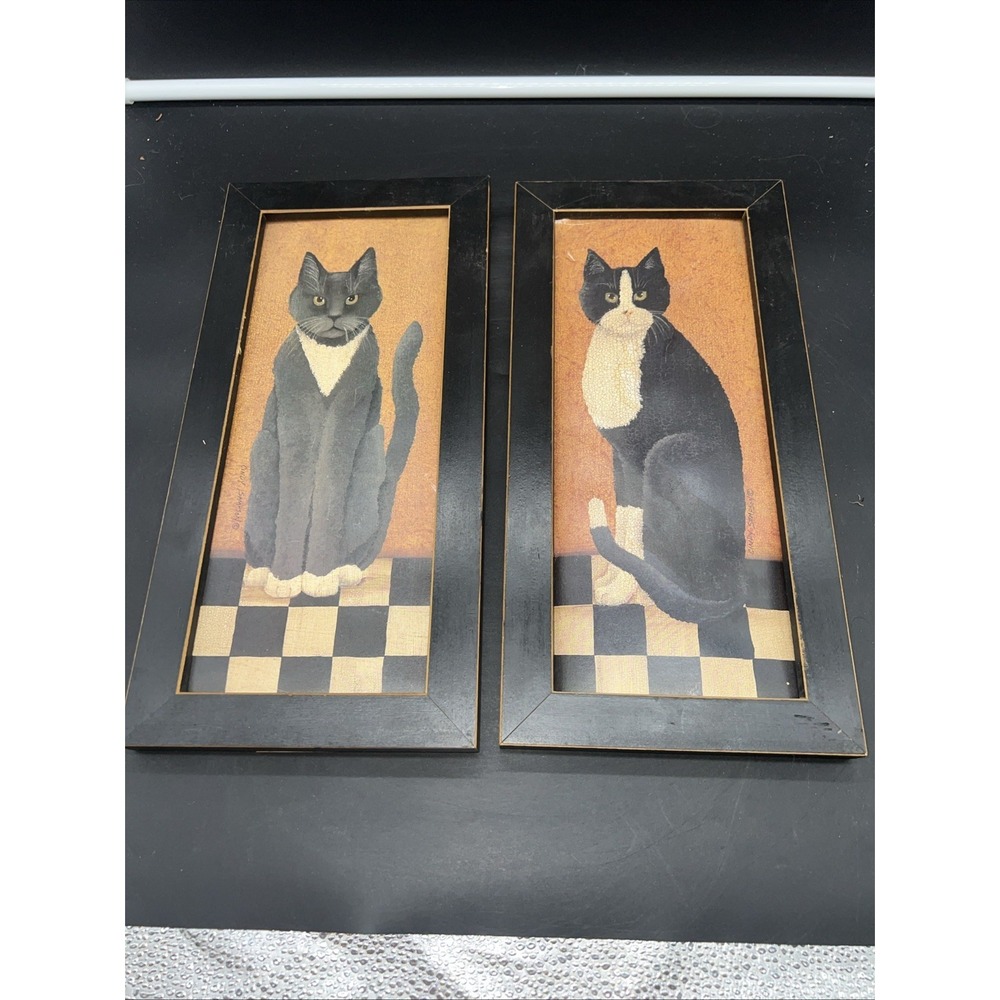 2 VTG Country Cat Pictures Cindy Sampson Americana 7x14" Framed 90s Folk Art
